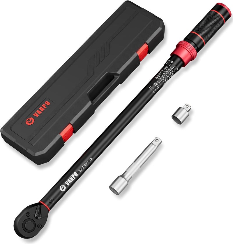 VANPO Torque Wrench 1/2-Inch Drive, 20-260 Ft-Lb/27.1-352.3 Nm, 22.04", Click Style, Dual Direction, 72 Tooth, Adjustment Torque Wrench with 1/2" to 3/8" Adapter & 125mm Extension Bar for Car & Truck - Image 1